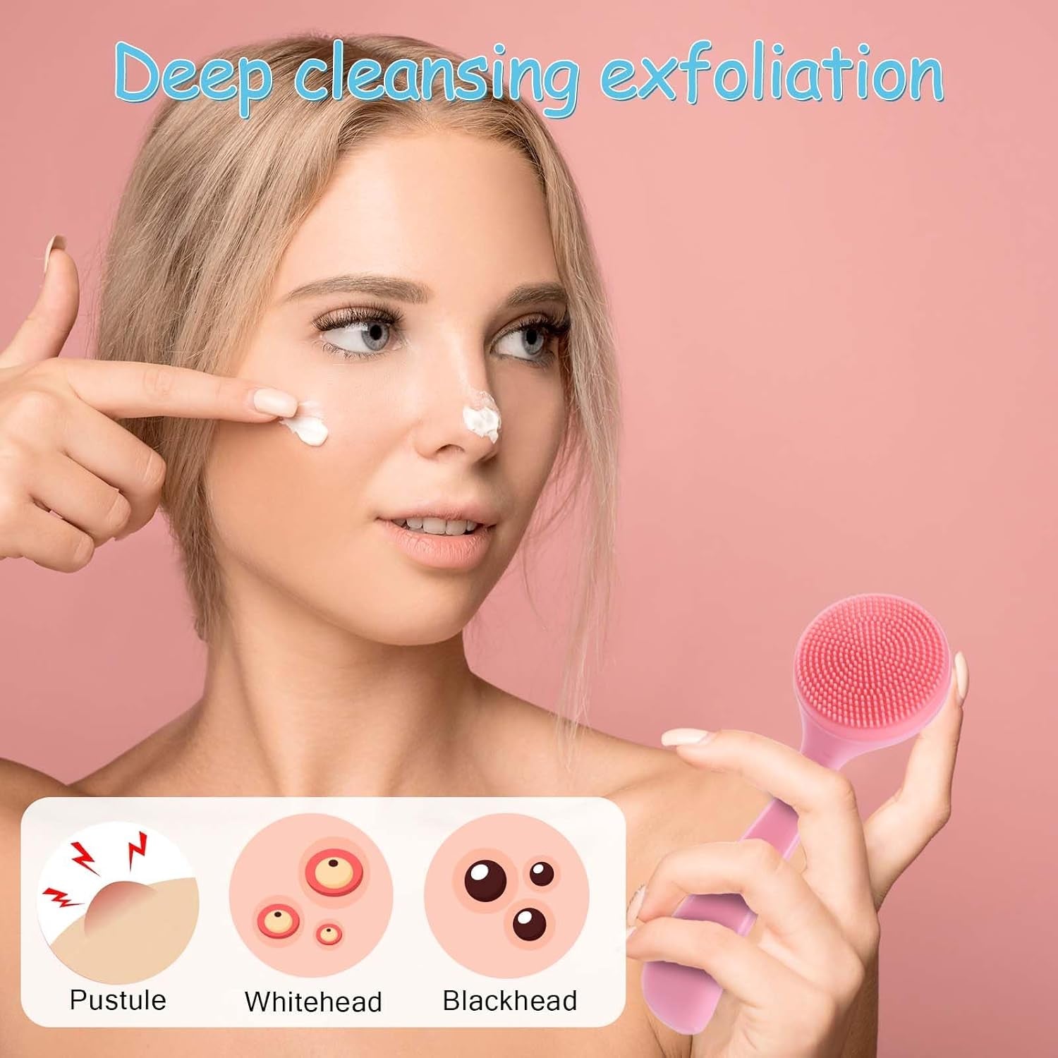 2 Pack Facial Cleansing Brush Silicone Soft Manual Face Massager Brush Skin Scrubbers Scrub Pads Deep Cleanser for Exfoliating Makeup Residues (Blue & Pink)