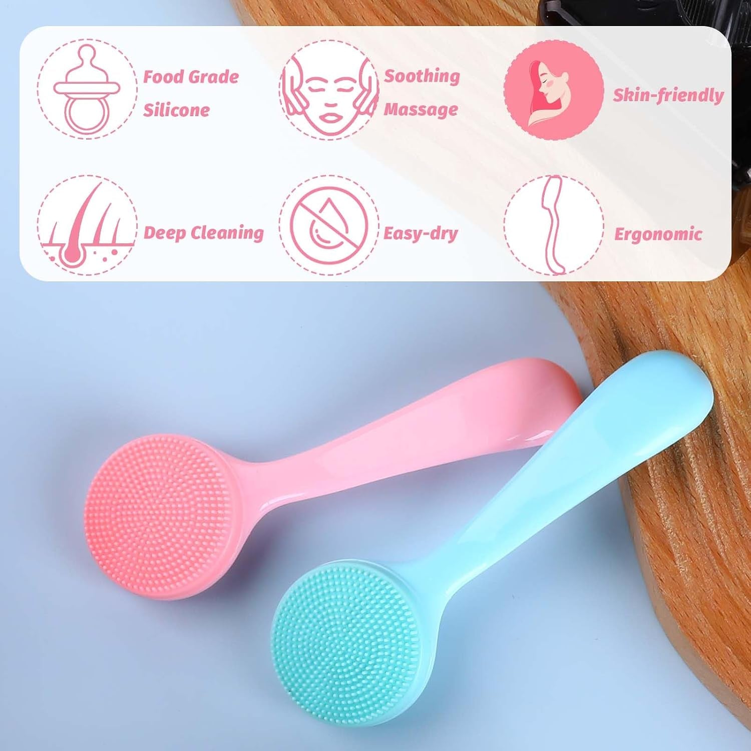 2 Pack Facial Cleansing Brush Silicone Soft Manual Face Massager Brush Skin Scrubbers Scrub Pads Deep Cleanser for Exfoliating Makeup Residues (Blue & Pink)